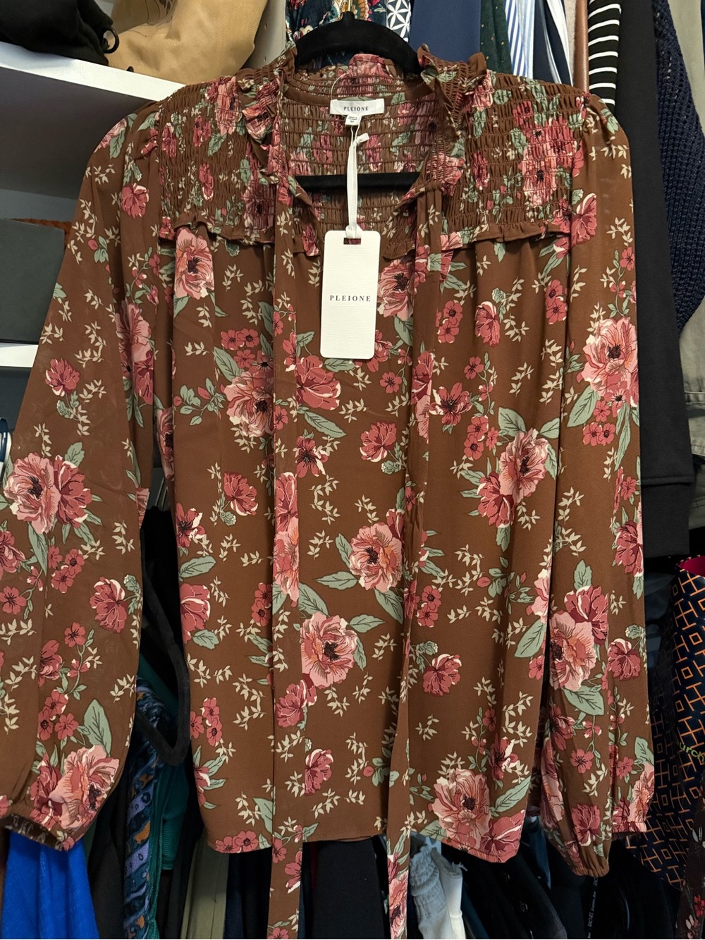 Pleione Brown Floral Tie-Neck Long-Sleeve Blouse